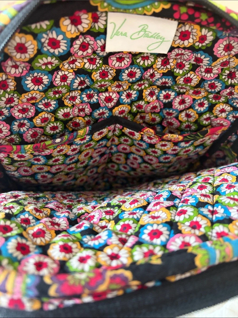 Vera Bradley Black Quilted Backpack with Multicolor Floral Paisley